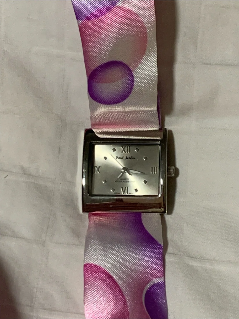 Paul Jardin Silver-Tone Square Watch with Pink and Purple Satin Ribbon Strap